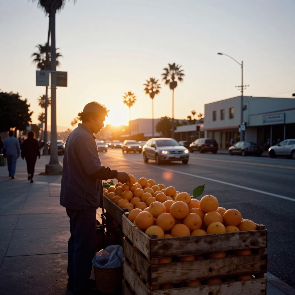 Vintage Sunset Scene in Los Angeles California with Fruit Crate and Leaf Shadows in in Los Angeles, California, United States