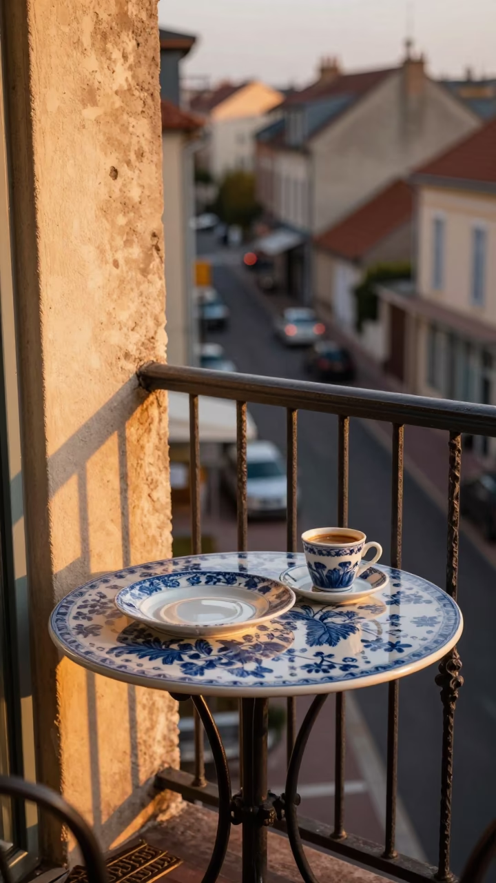 Vintage Sunset Scene in Nice France with Blue and White Porcelain Plate on Balcony in in Nice, France