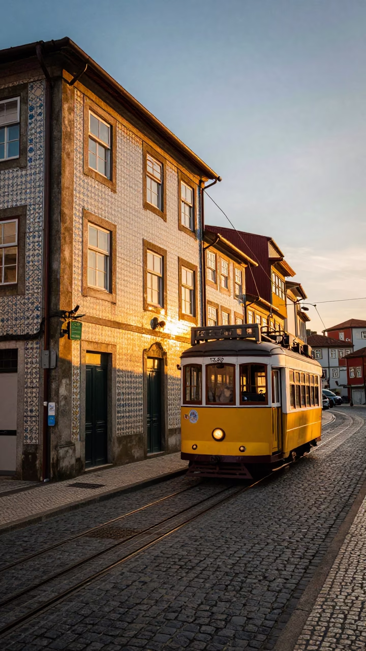 Vintage Sunset Scene in Porto Portugal with Tram and Historic Architecture in in Porto, Portugal