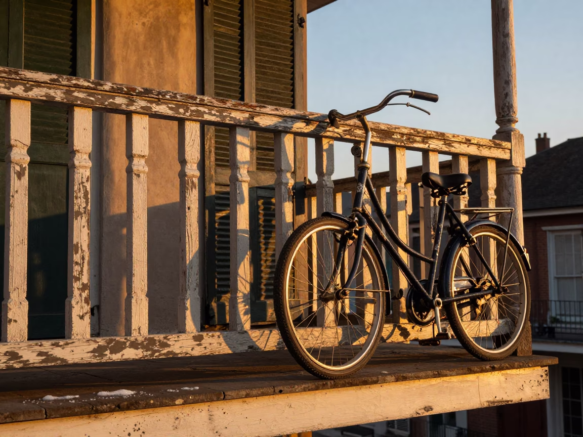 Vintage Sunset Scene with Bicycle and Scuffed Wood in New Orleans Louisiana in in New Orleans, Louisiana, United States