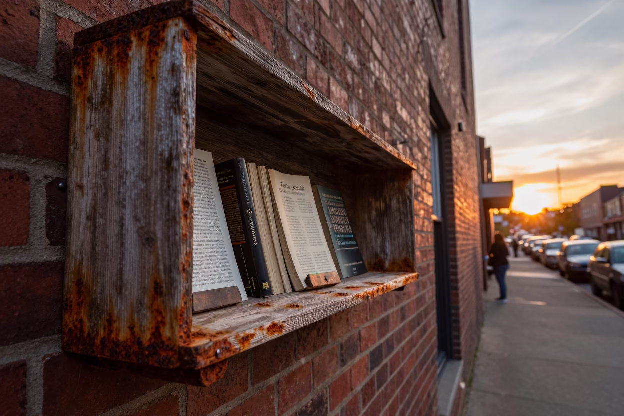 Vintage Sunset Scene with Rusty Shelf and Paperback Books in Portland Oregon in in Portland, Oregon, United States