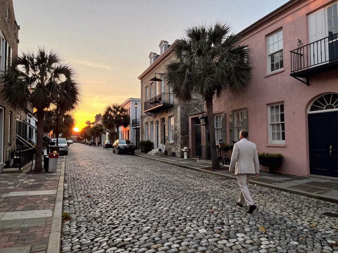 Vintage Sunset Street Scene Charleston South Carolina Historic District Cobblestones in in Charleston, South Carolina, United States