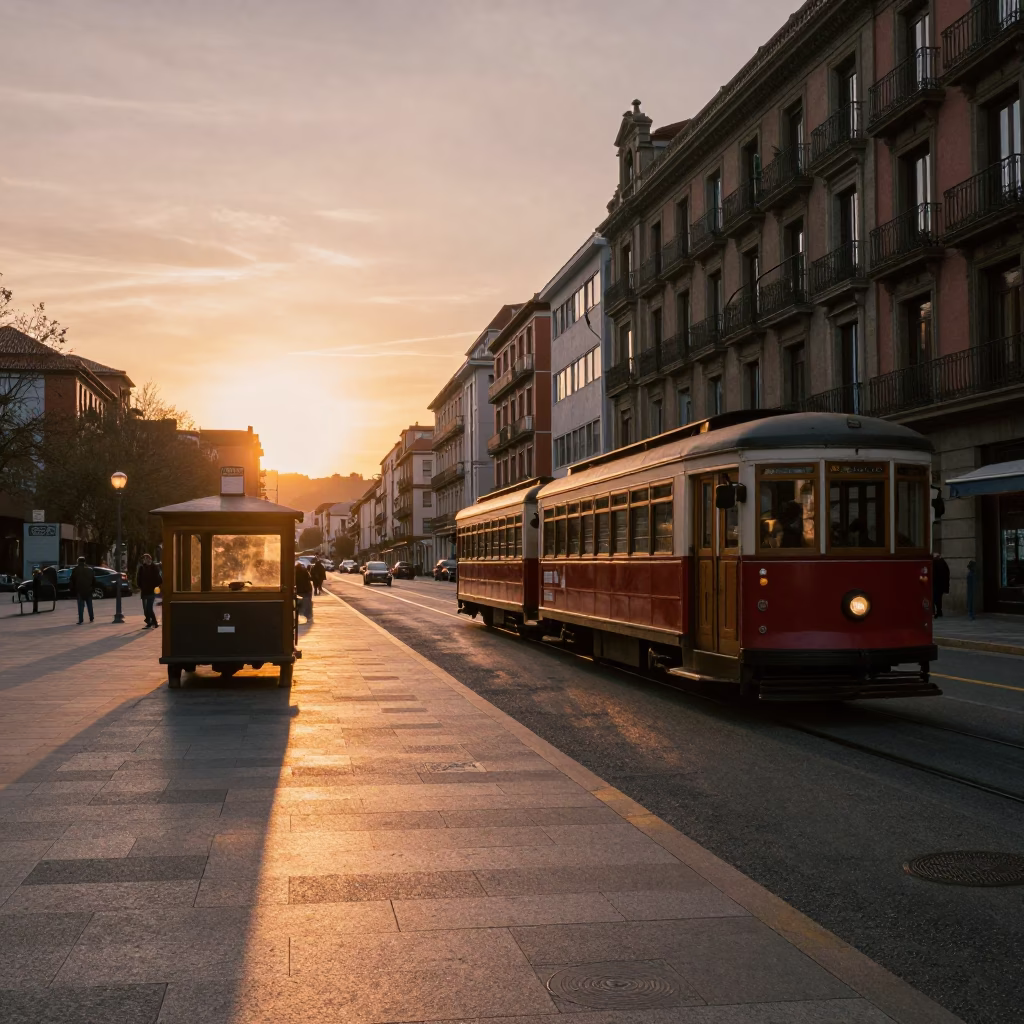 Vintage Sunset Street Scene in Bilbao Spain with Narrow Gauge Train and Local Life in in Bilbao, Spain