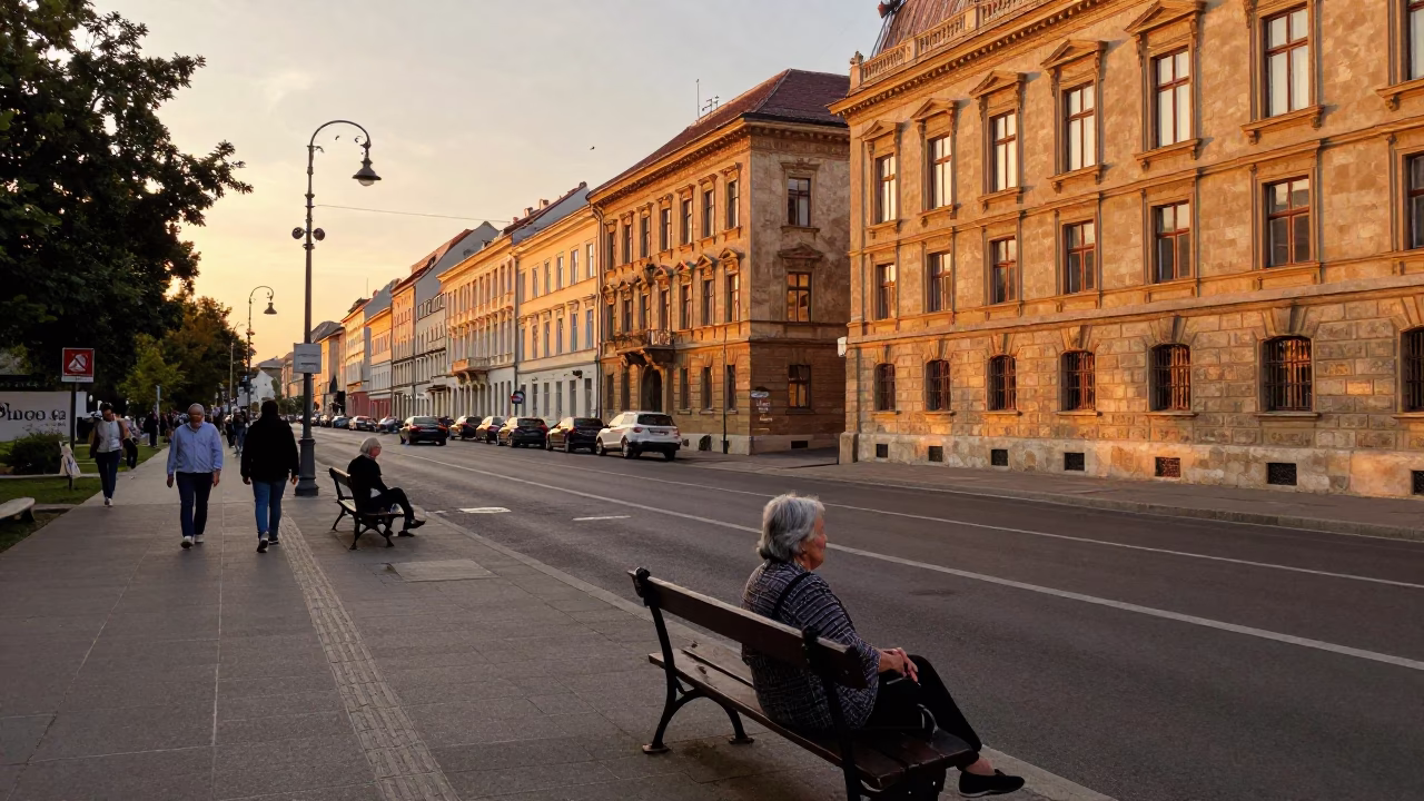 Vintage Sunset Street Scene in Budapest Hungary with Local Life and Architecture in in Budapest, Hungary