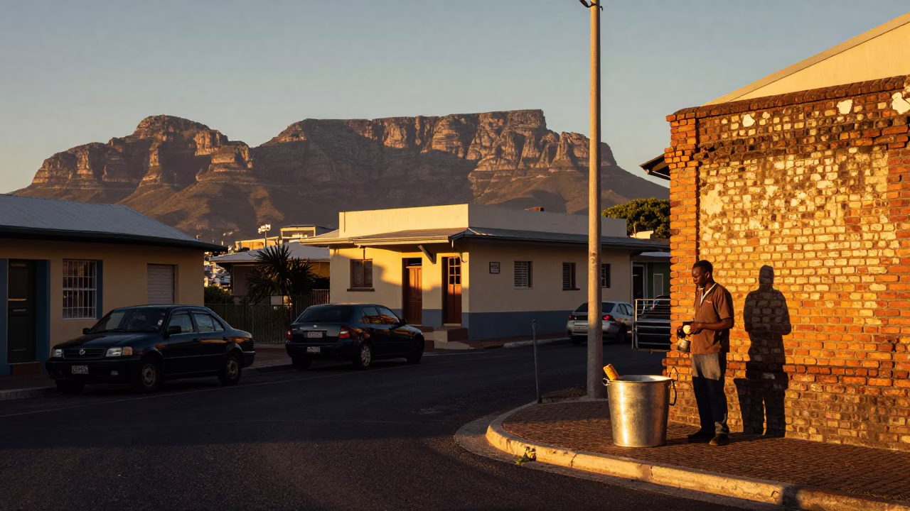 Vintage Sunset Street Scene in Cape Town with Brushed Steel Bucket and Local Life in in Cape Town, South Africa