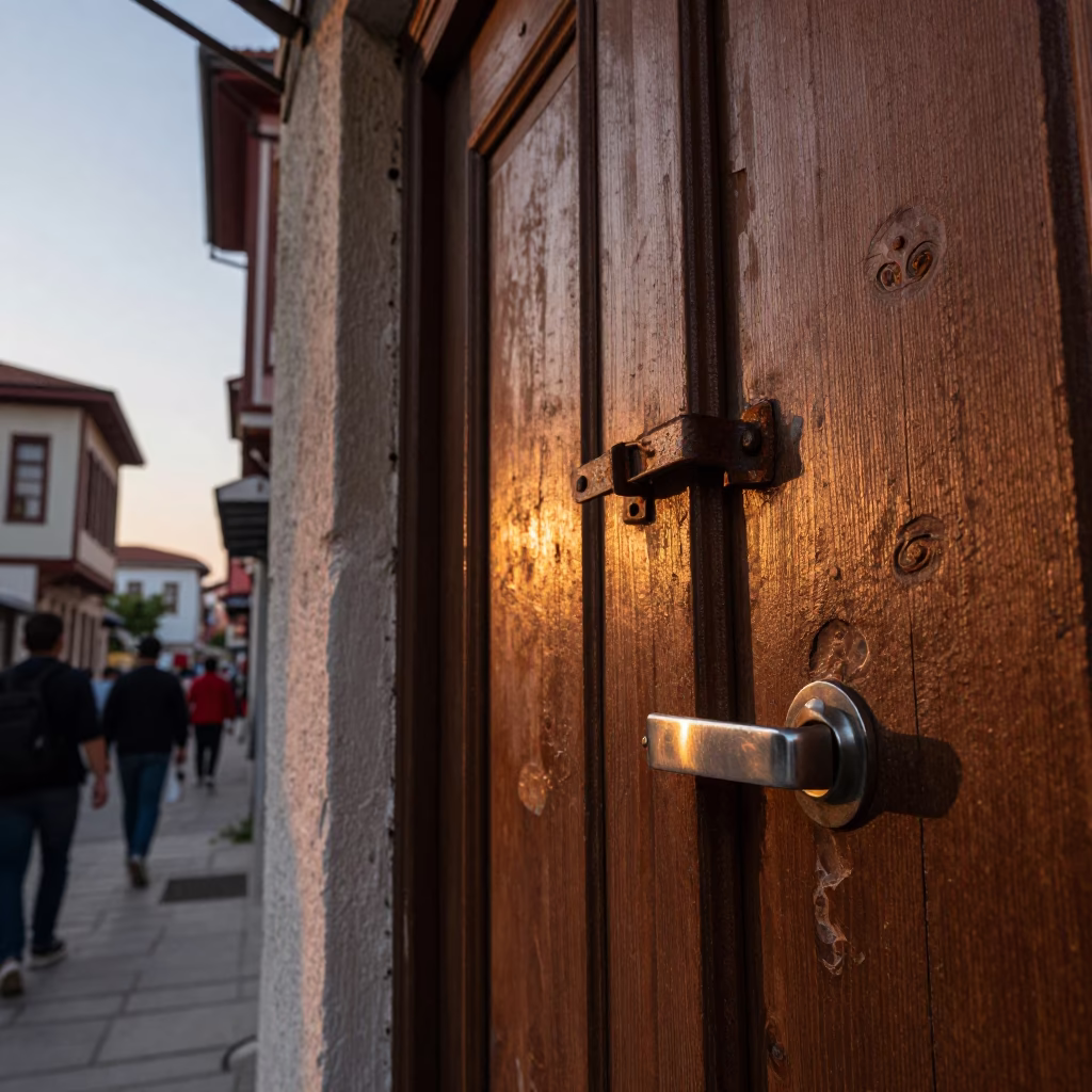 Vintage Sunset Street Scene in Izmir Turkey with Latch and Steel Handle in in Izmir, Turkey
