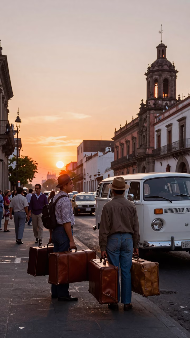 Vintage Sunset Street Scene in Mexico City With Travelers and Luggage in in Mexico City, Mexico