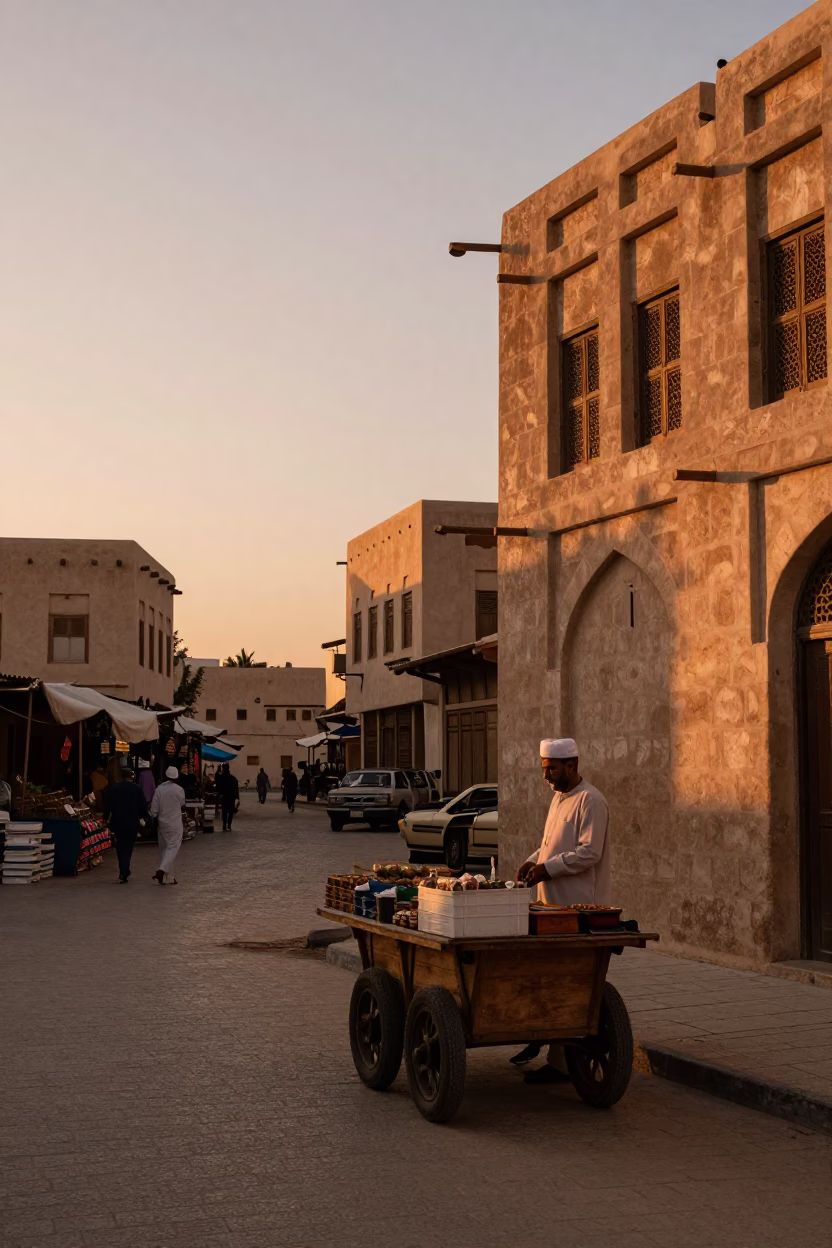 Vintage Sunset Street Scene in Muscat Oman with Local Market Goods and Padlock in in Muscat, Oman