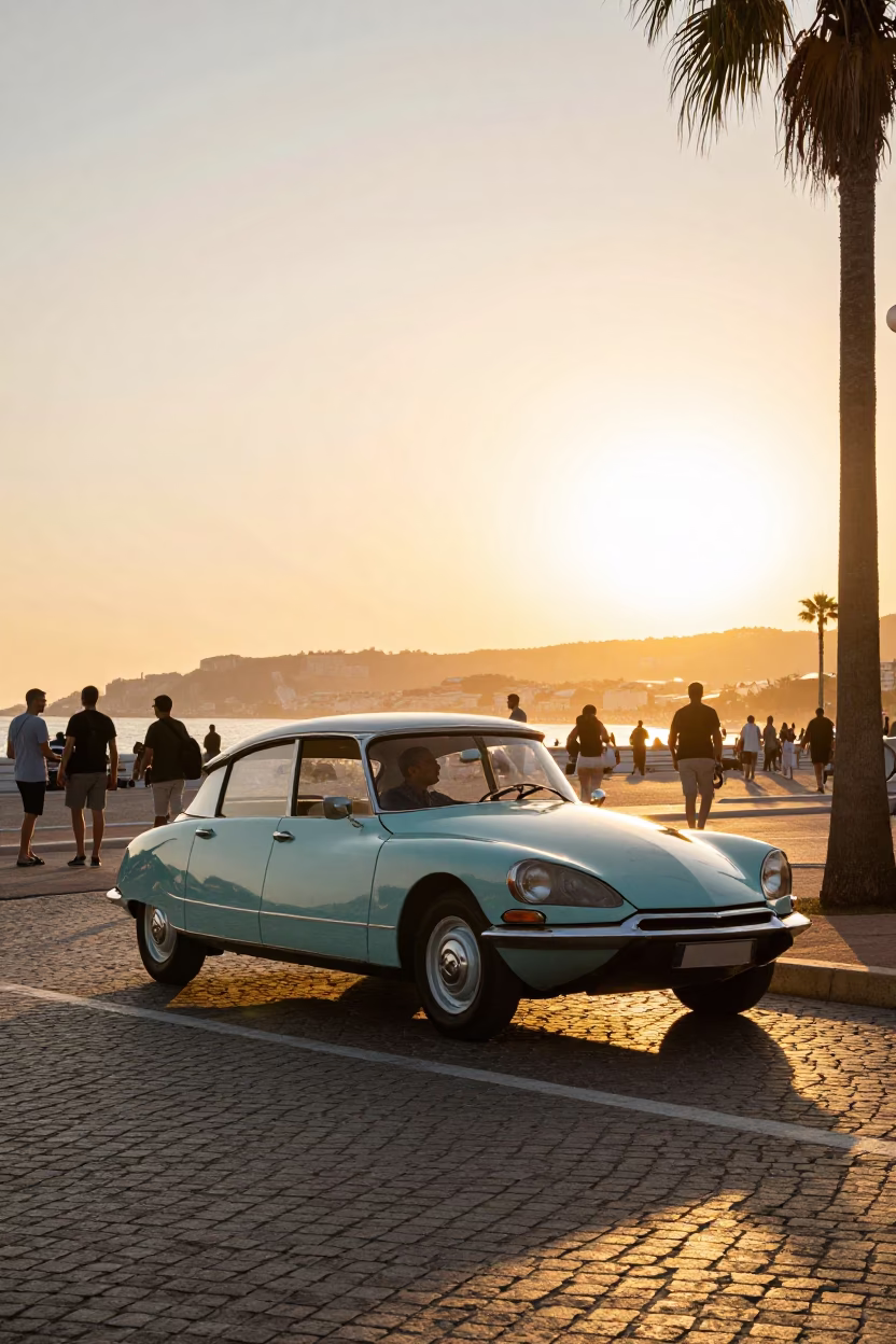 Vintage Sunset Street Scene in Nice France with Classic Car and Pedestrians in in Nice, France