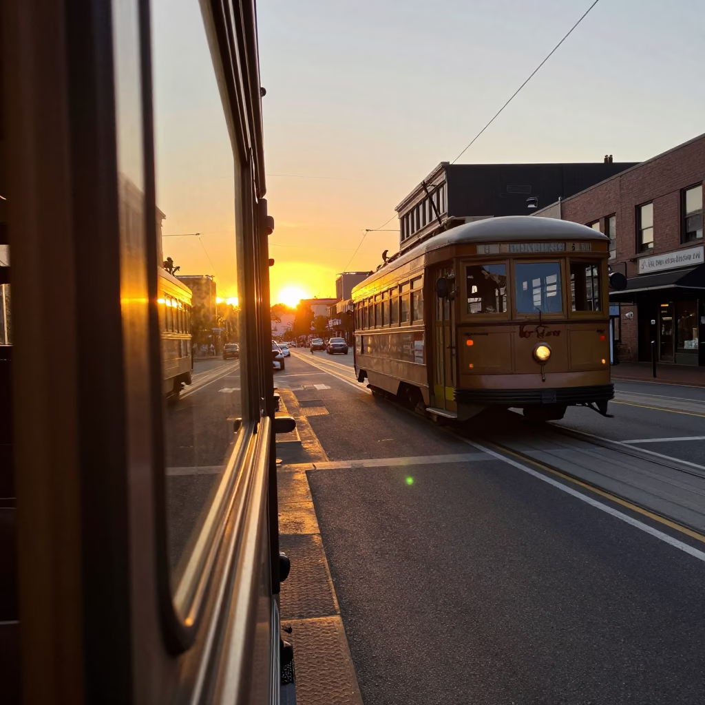 Vintage Sunset Street Scene in Portland Oregon with Tram and Urban Landscape in in Portland, Oregon, United States