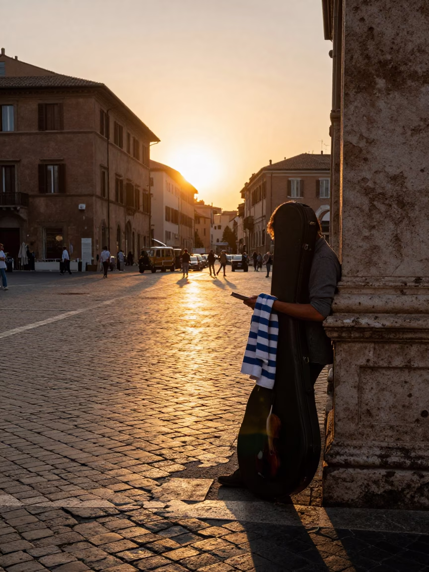 Vintage Sunset Street Scene in Rome Italy with Striped Towel and Violin Case in in Rome, Italy
