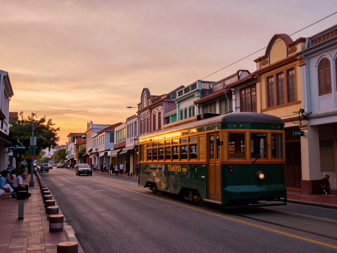 Vintage Sunset Street Scene in Tainan Taiwan with Tram and Colorful Facades in in Tainan, Taiwan