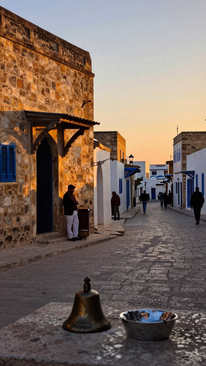 Vintage Sunset Street Scene in Tunis Tunisia with Bell and Ashtray in in Tunis, Tunisia