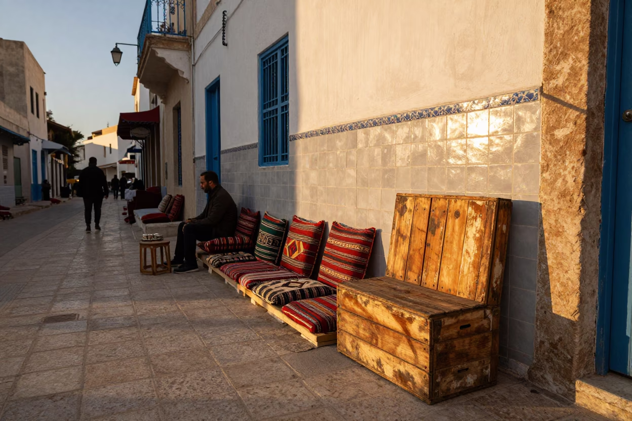 Vintage Sunset Street Scene in Tunis Tunisia with Crate and Cushions in in Tunis, Tunisia