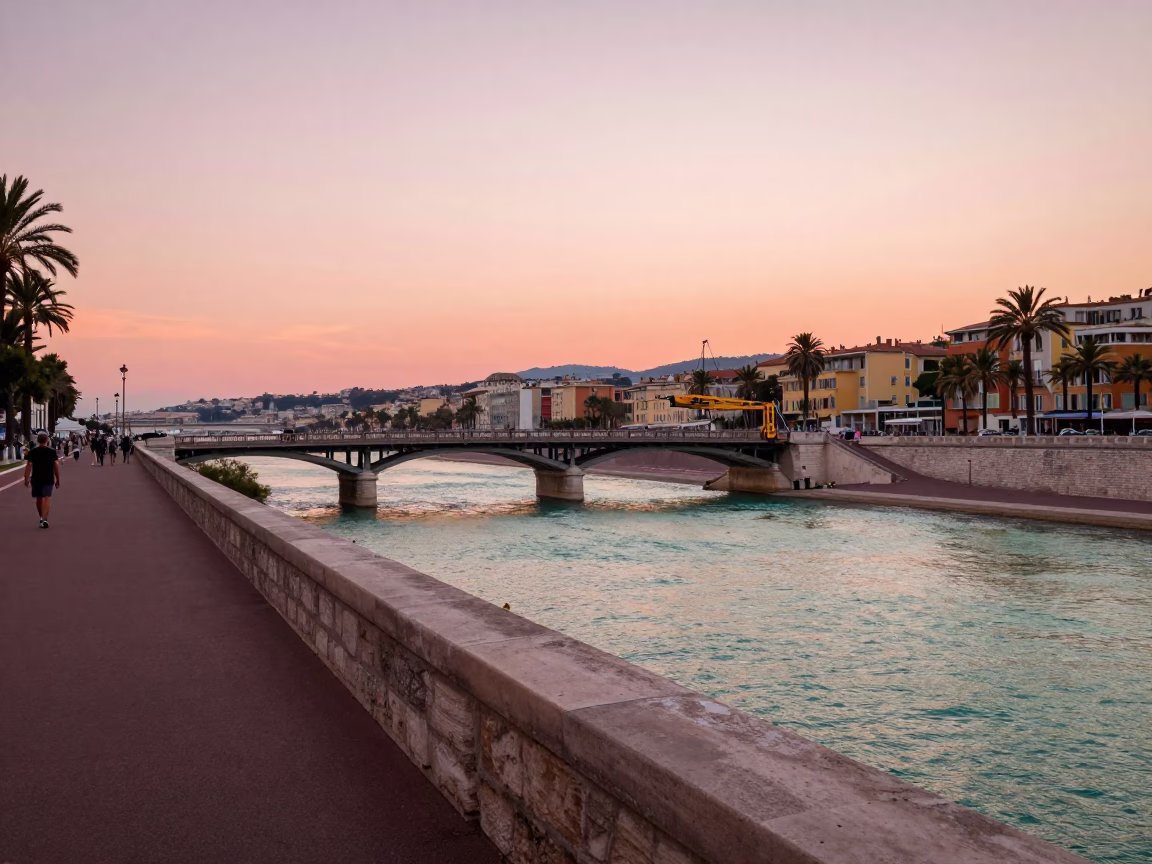 Vintage Sunset View of Nice France Promenade with Bridge Maintenance and Pedal Boats in in Nice, France