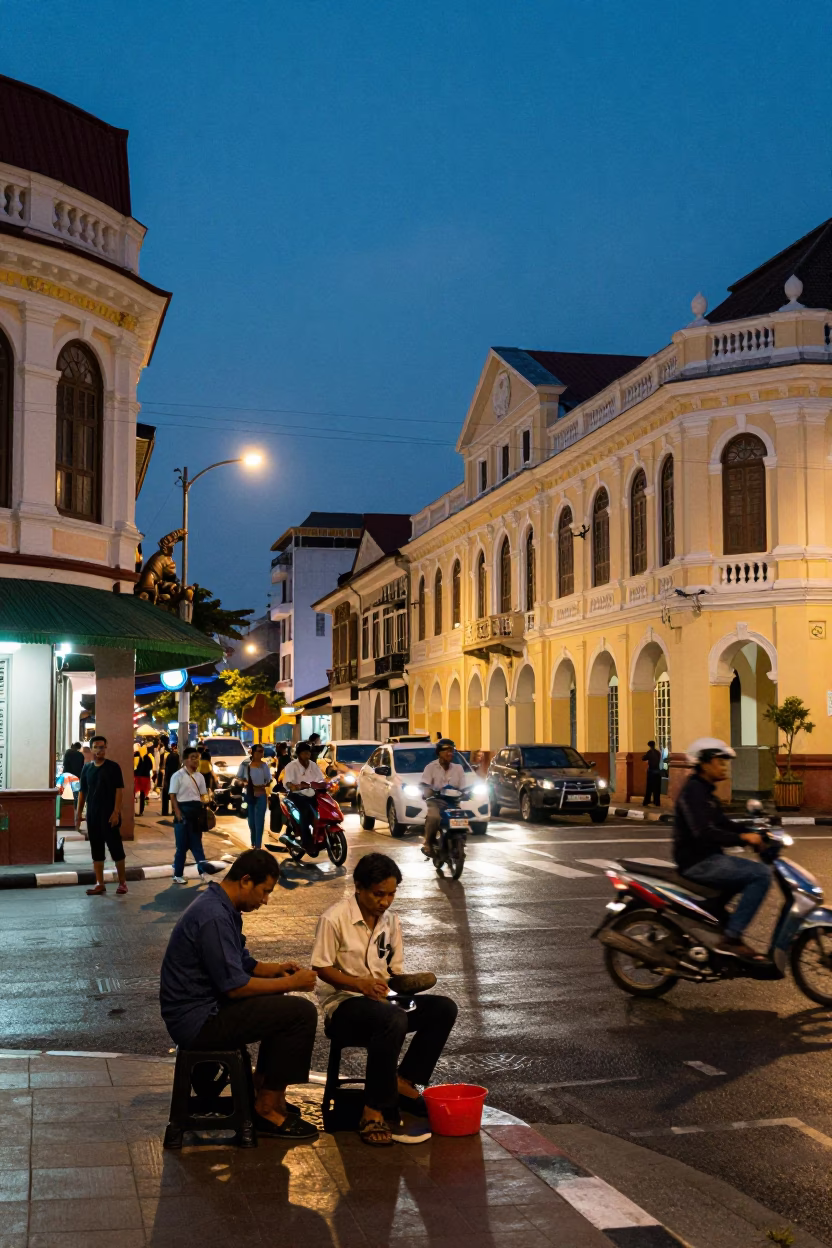 Vintage Surabaya Street Scene at Blue Hour with Shoe Shine and Local Commerce in in Surabaya, Indonesia