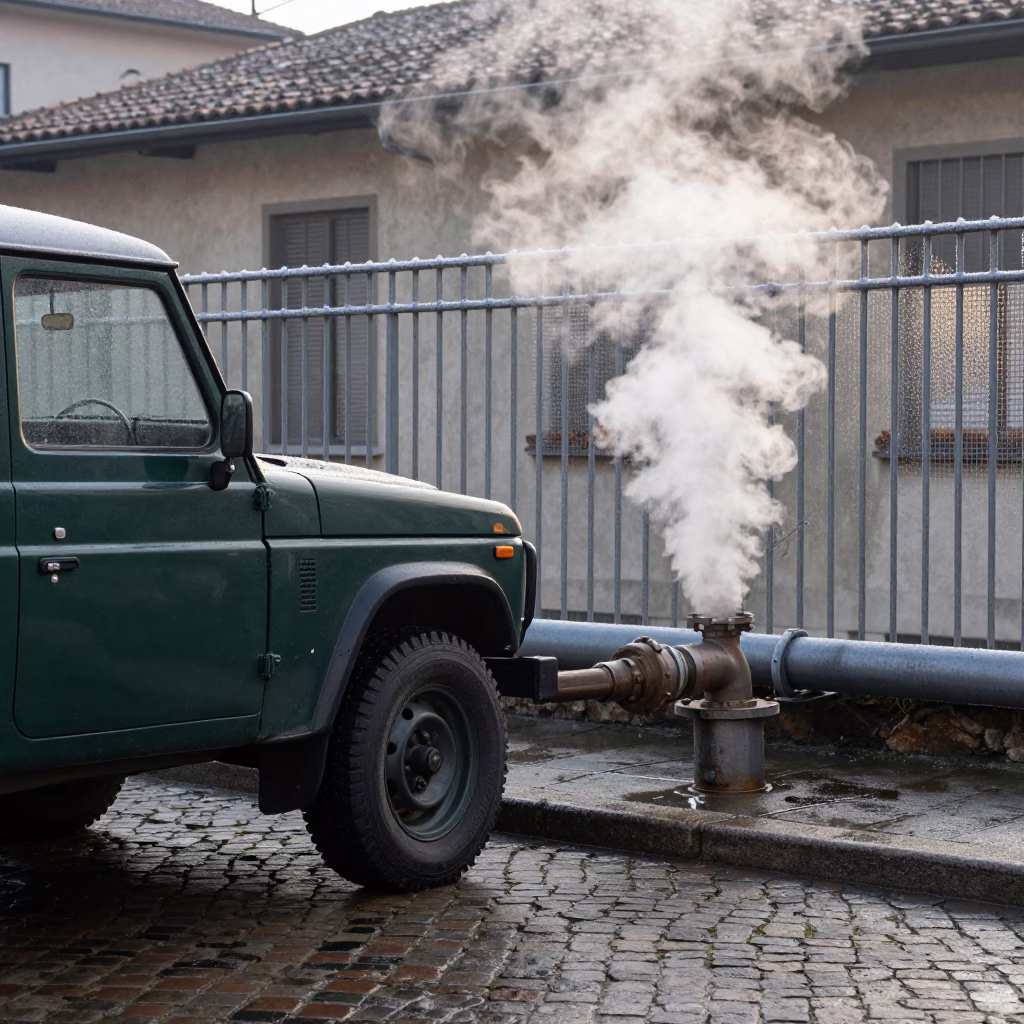 Vintage SUV and Steaming Heating Pipe at Nautical Dawn in Milan Italy in in Milan, Italy