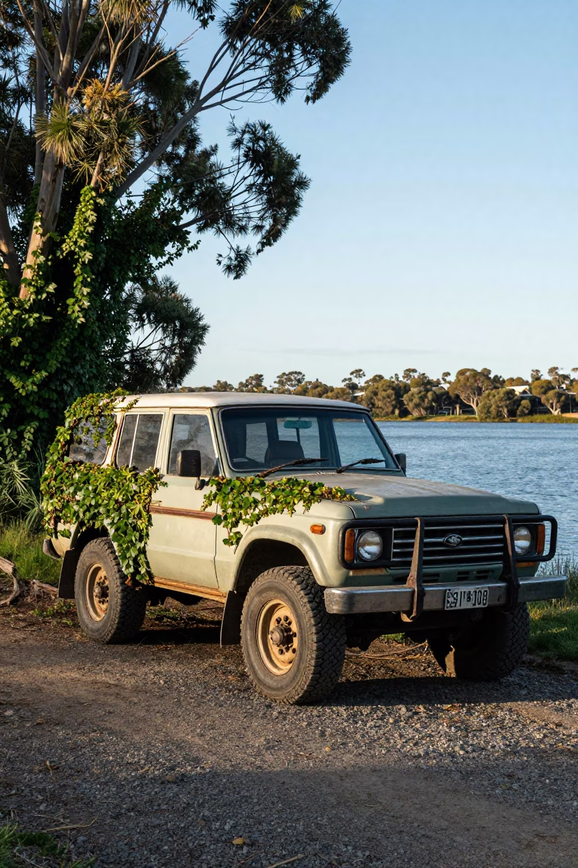 Vintage SUV parked near Perth riverbank with ivy and cargo ship horizon early afternoon in in Perth, Western Australia, Australia