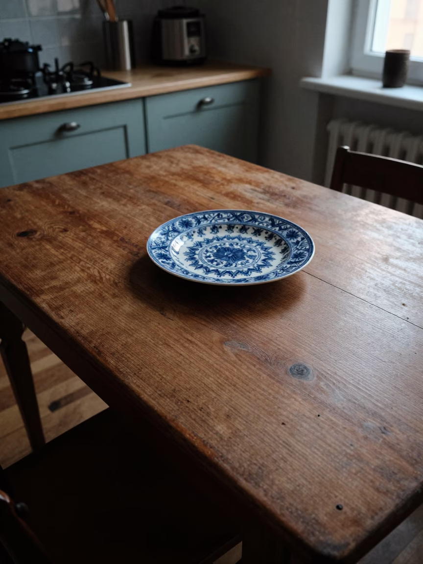 Vintage Swedish breakfast table with cherries and majolica plate in pre-dawn Stockholm apartment in in Stockholm, Sweden