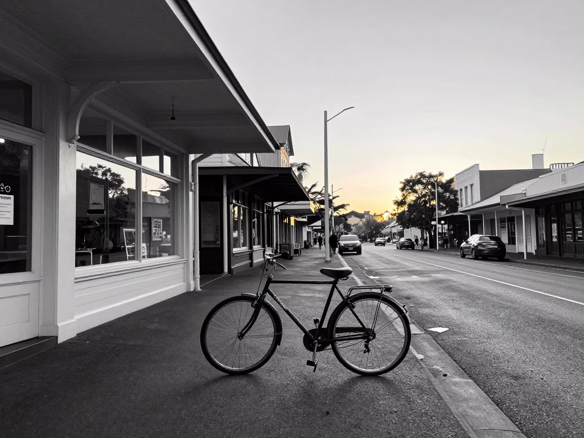 Vintage Sydney Dawn Street Scene with Bicycle and Bakery at Pre-Sunrise in in Sydney, New South Wales, Australia