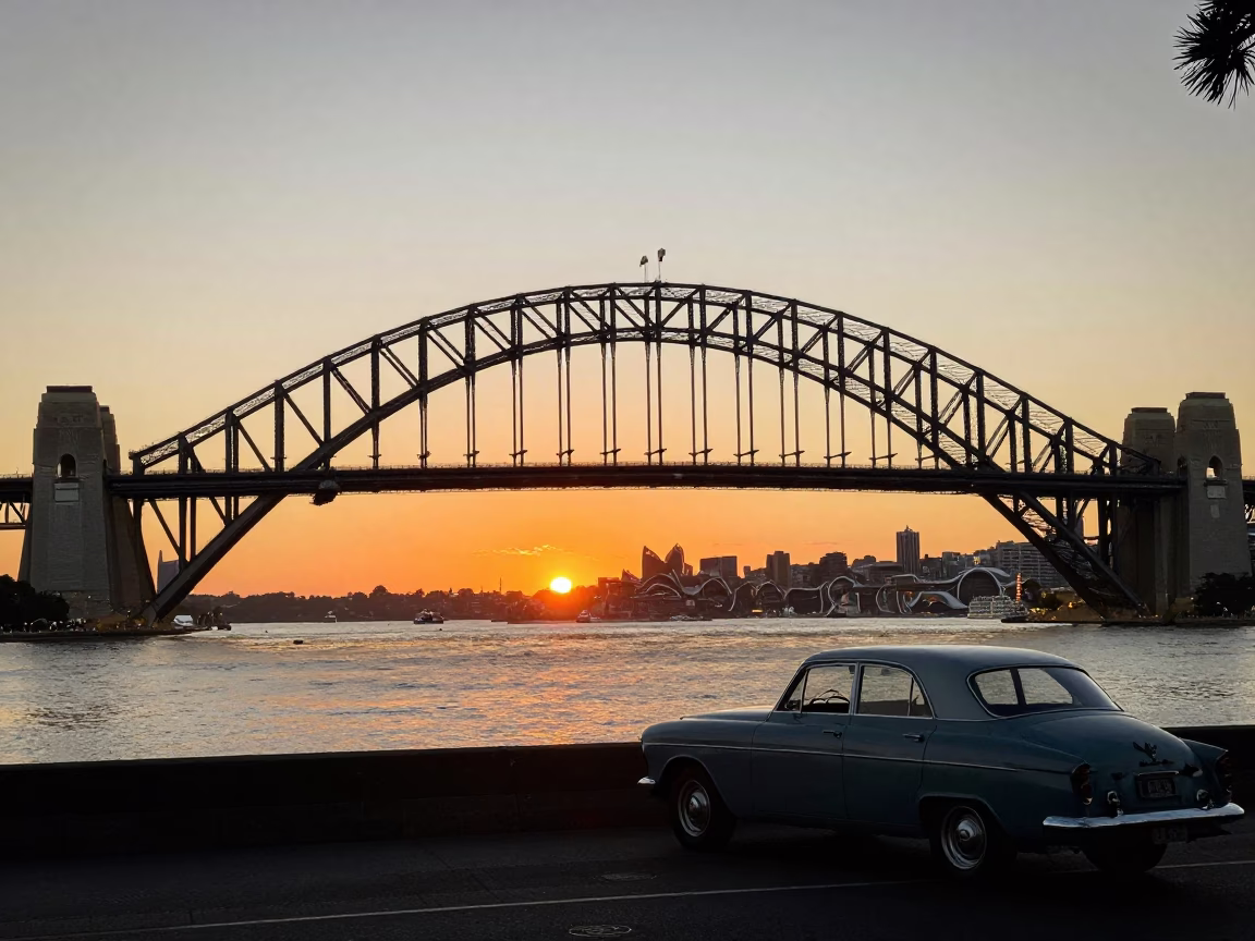Vintage Sydney Harbour Bridge Sunset with Classic Car and Pedestrians in in Sydney, New South Wales, Australia