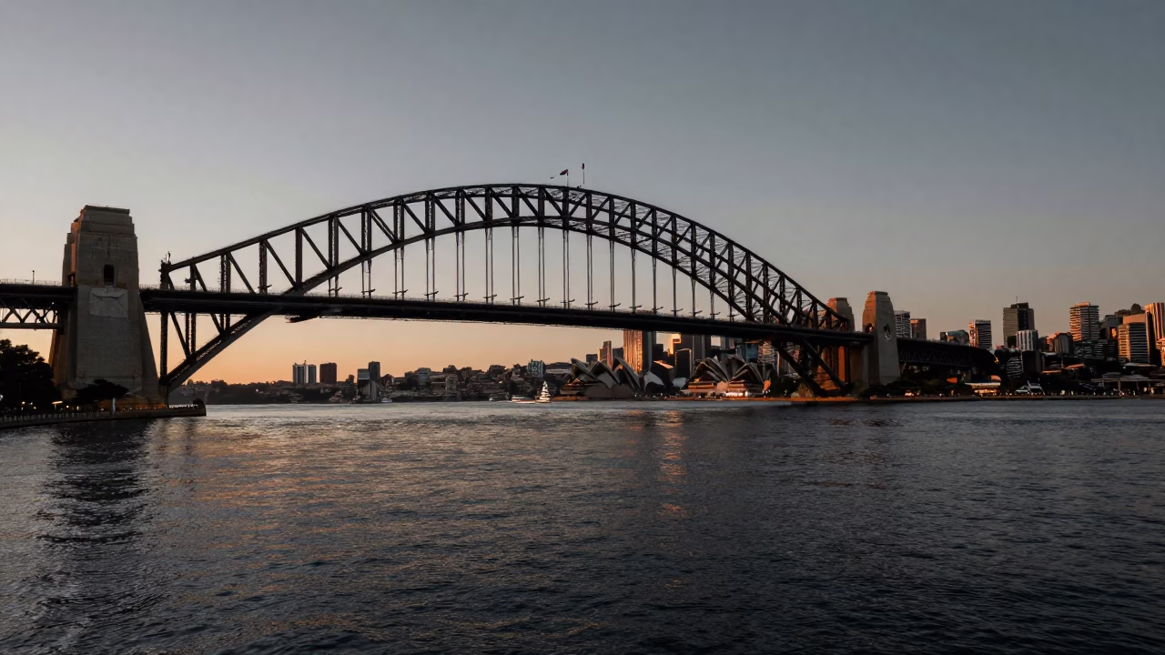Vintage Sydney Morning Light on Harbour Bridge and Early Commuters in in Sydney, New South Wales, Australia
