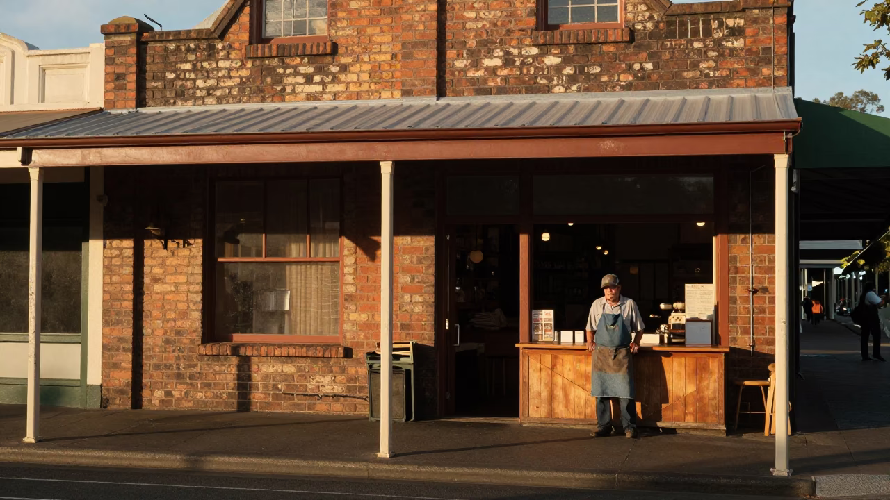 Vintage Sydney Street Scene at Sunset with Shopkeeper and Aprons in in Sydney, New South Wales, Australia
