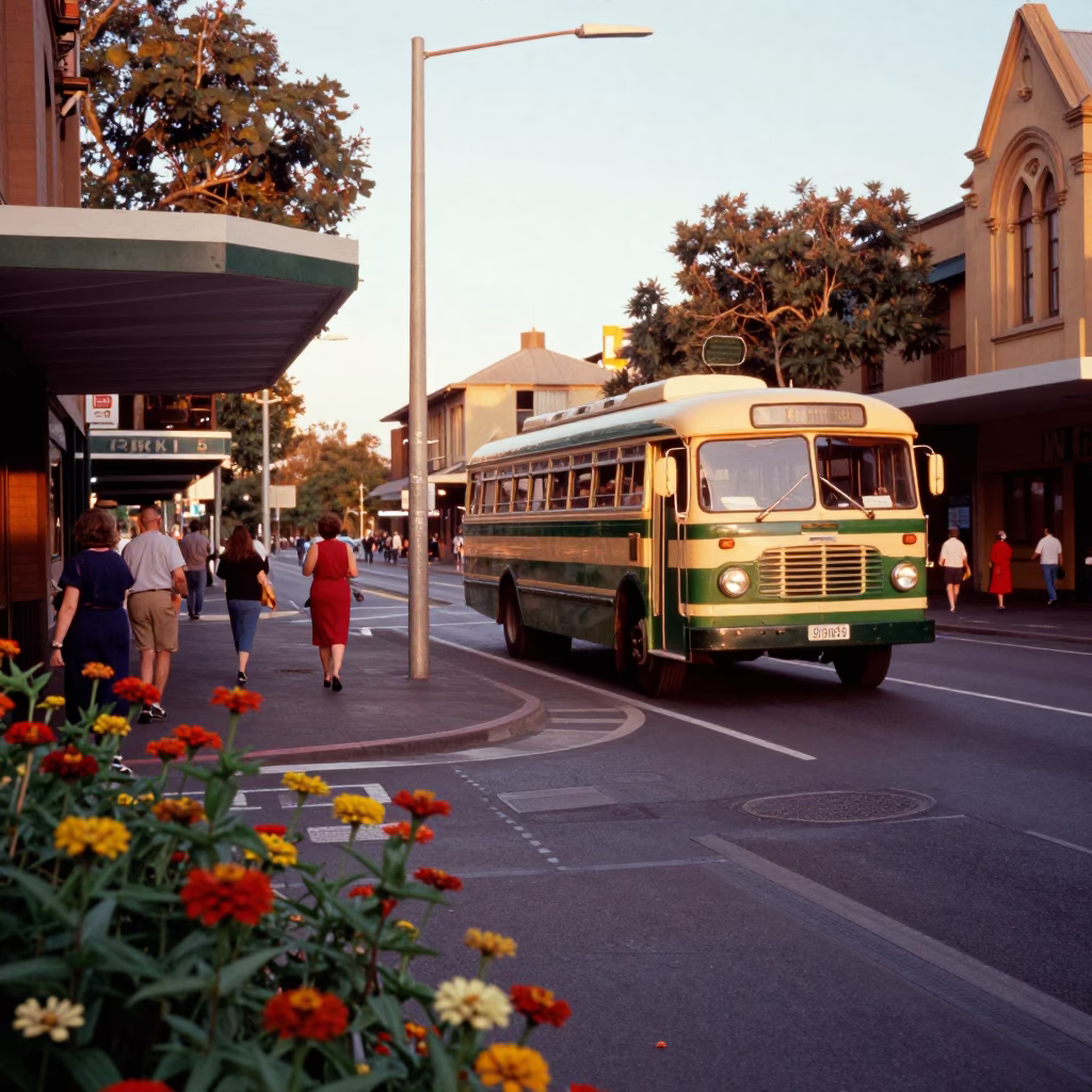 Vintage Sydney Street Scene with Classic Bus and Zinnias in Honeyed Evening Light in in Sydney, New South Wales, Australia