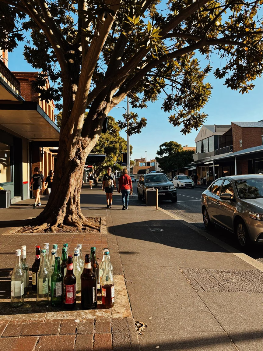 Vintage Sydney Street Scene with Glass Bottles and Bottle Opener in Late Afternoon Light in in Sydney, New South Wales, Australia