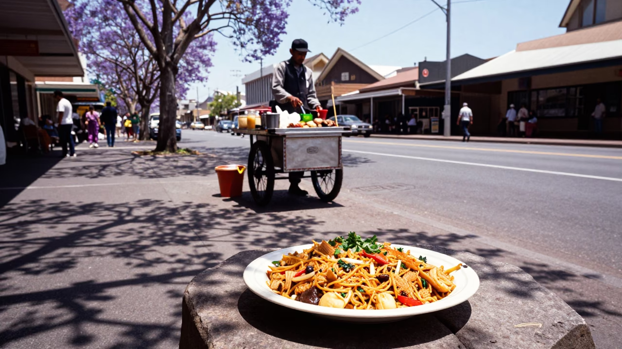 Vintage Sydney Street Scene with Koshari Plate and Jacaranda Bloom under Noon Sun in in Sydney, New South Wales, Australia