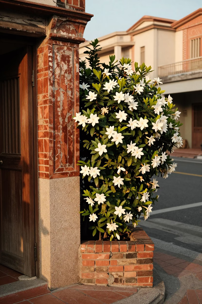 Vintage Tainan Street Corner with Gardenia Bush and Tea Stained Hinge in Evening Light in in Tainan, Taiwan