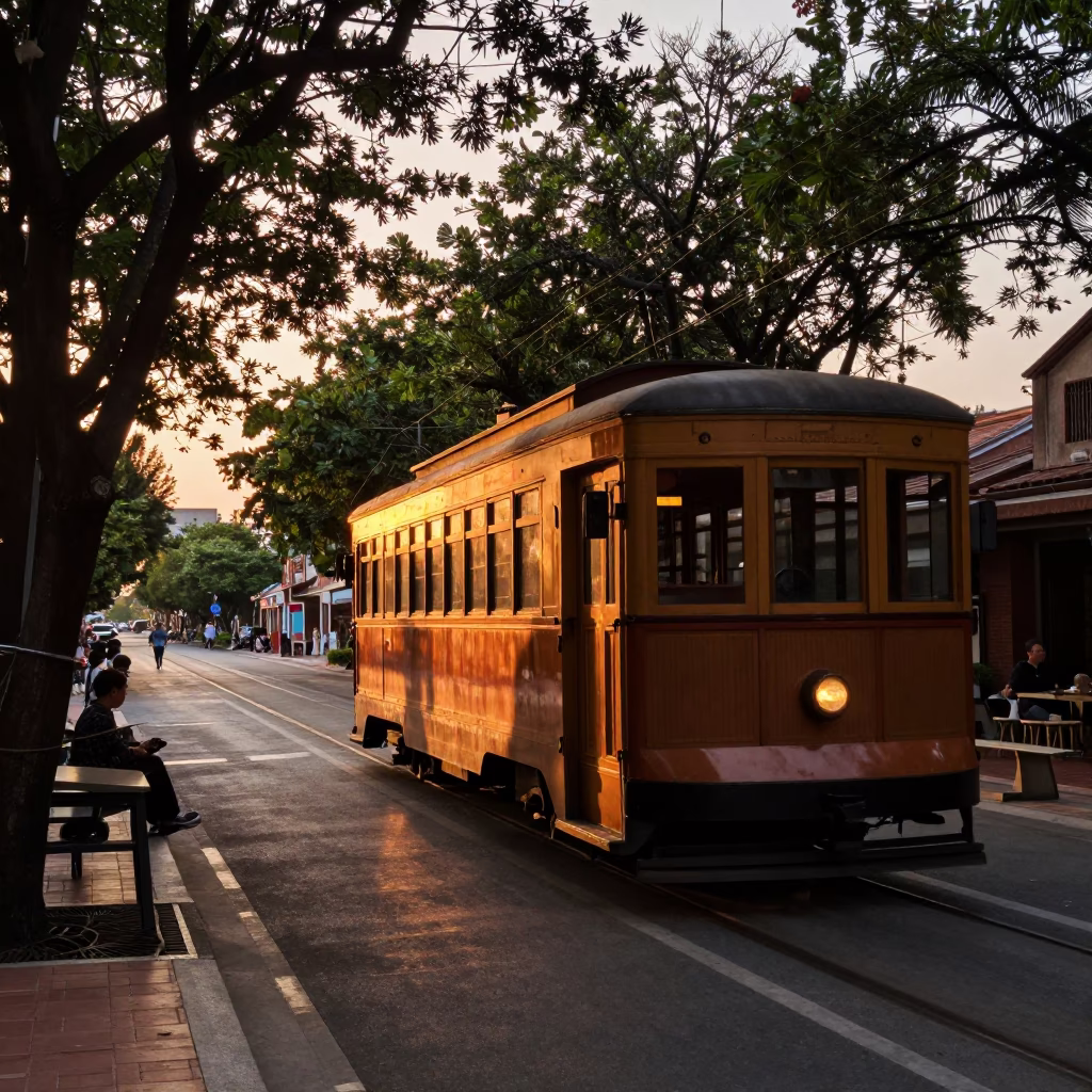 Vintage Tainan Street Scene at Sunset with Old Trolley and Chili Peppers in in Tainan, Taiwan