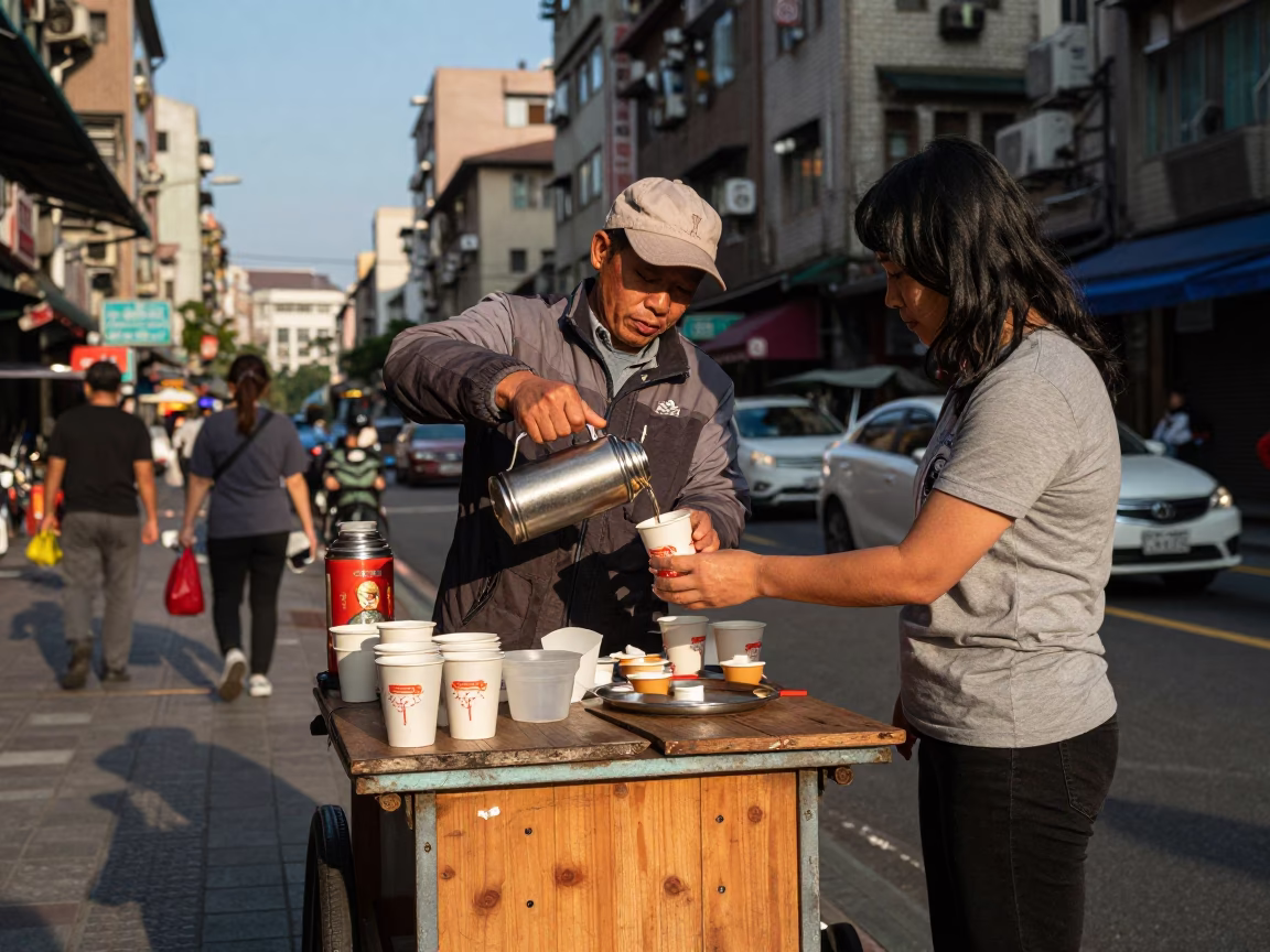 Vintage Taipei Street Scene Late Afternoon with Thermos and Local Interaction in in Taipei, Taiwan