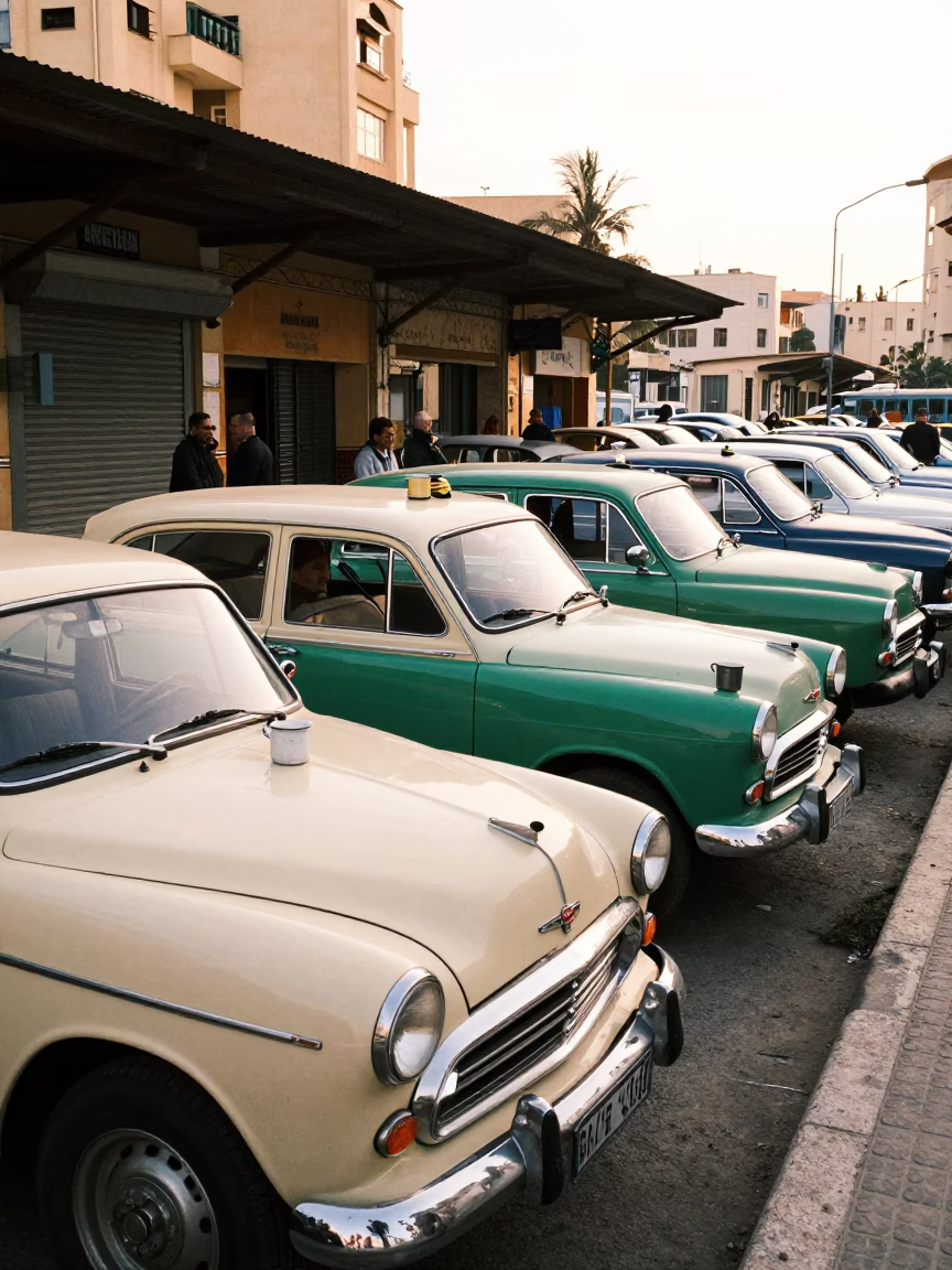 Vintage Taxi Rank Outside Beirut Train Station Just After Sunrise in in Beirut, Lebanon