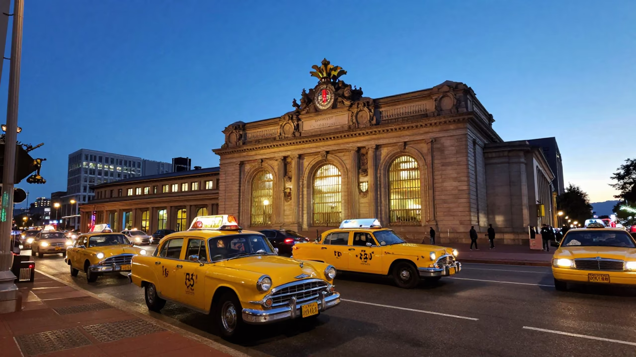 Vintage Taxi Rank Outside Portland Union Station During Blue Hour Twilight in in Portland, Oregon, United States