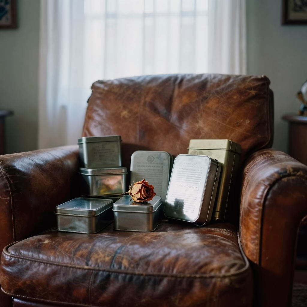 Vintage Tins and Dried Rose on Leather Chair in on a worn leather armchair in Otavalo