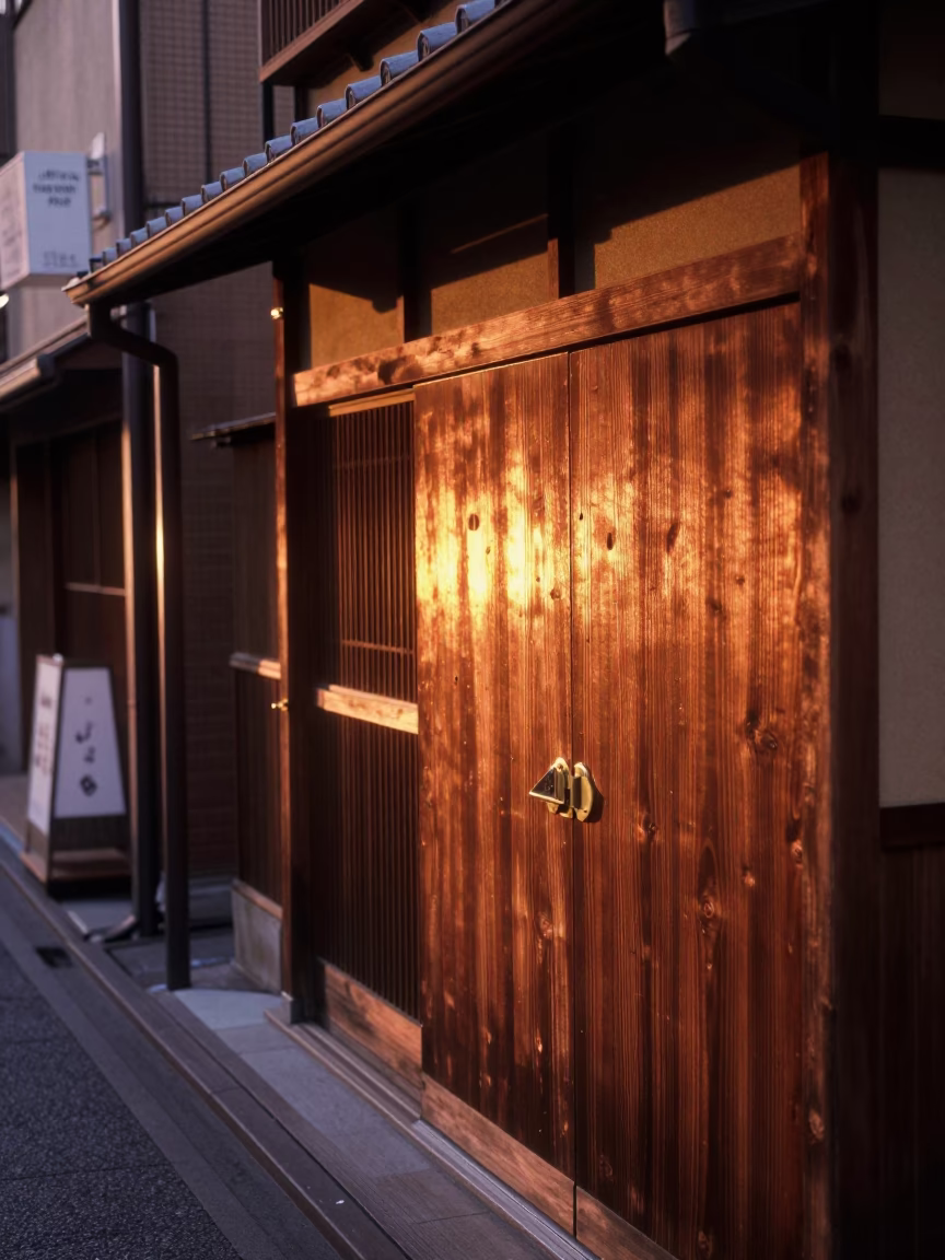 Vintage Tokyo Street Scene in Copper-Toned Dusk Light with Traditional Shop Details in in Tokyo, Japan