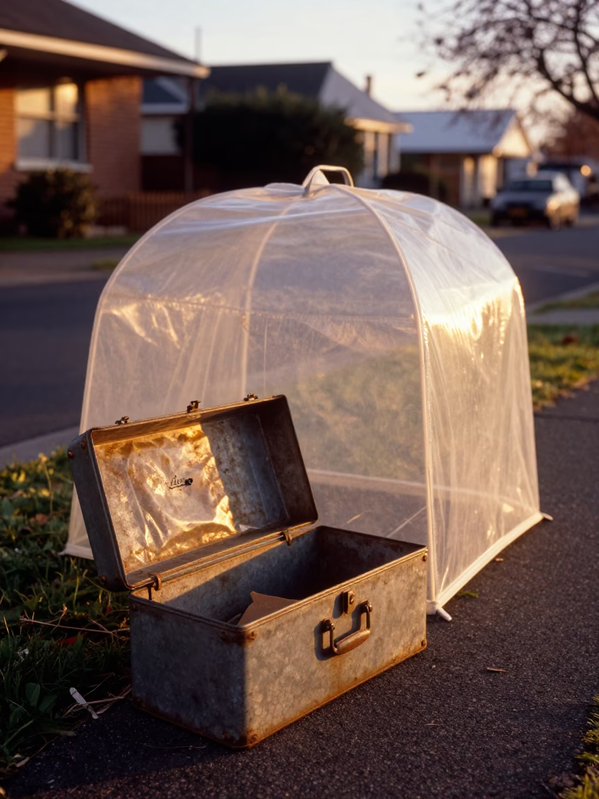 Vintage Toolbox and Garden Cloche on Christchurch Residential Street at Sunset in in Christchurch, New Zealand