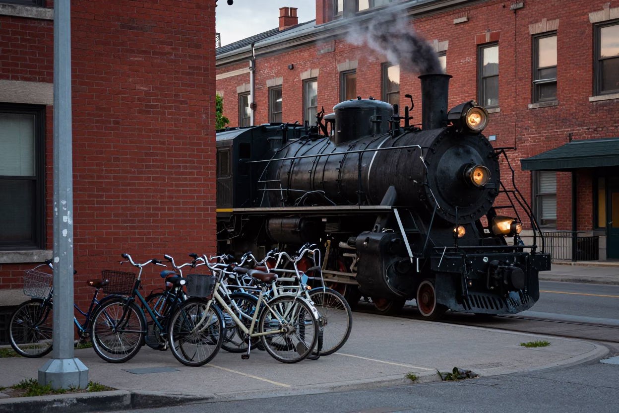Vintage Toronto Evening Street Scene with Heritage Steam Locomotive and Campus Bicycle Rack in in Toronto, Ontario, Canada