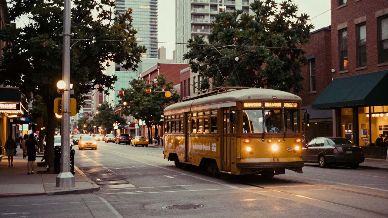 Vintage Toronto Street Scene 1950s with District Heating Pipes and Commuter Activity in in Toronto, Ontario, Canada