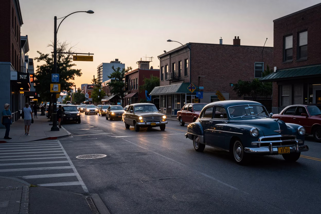 Vintage Toronto Street Scene at Dawn with Classic Cars and Morning Commuters in in Toronto, Ontario, Canada