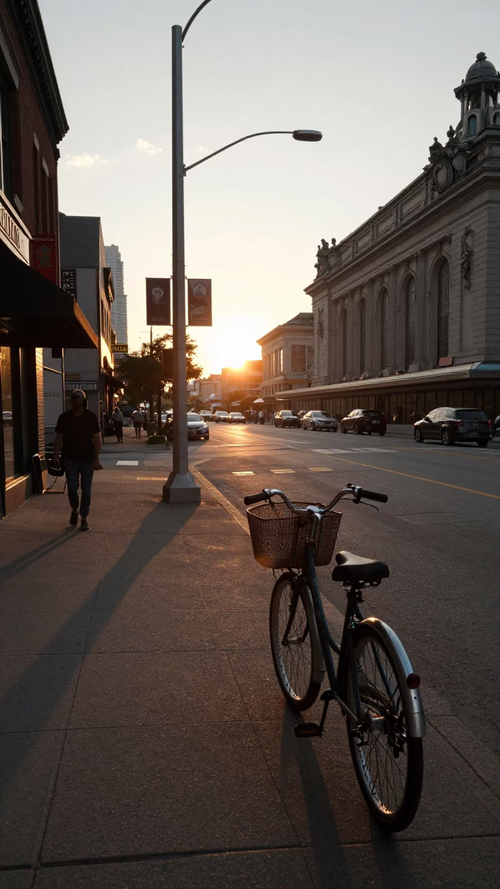 Vintage Toronto Street Scene at Dusk with Bicycle Basket and Urban Reflections in in Toronto, Ontario, Canada