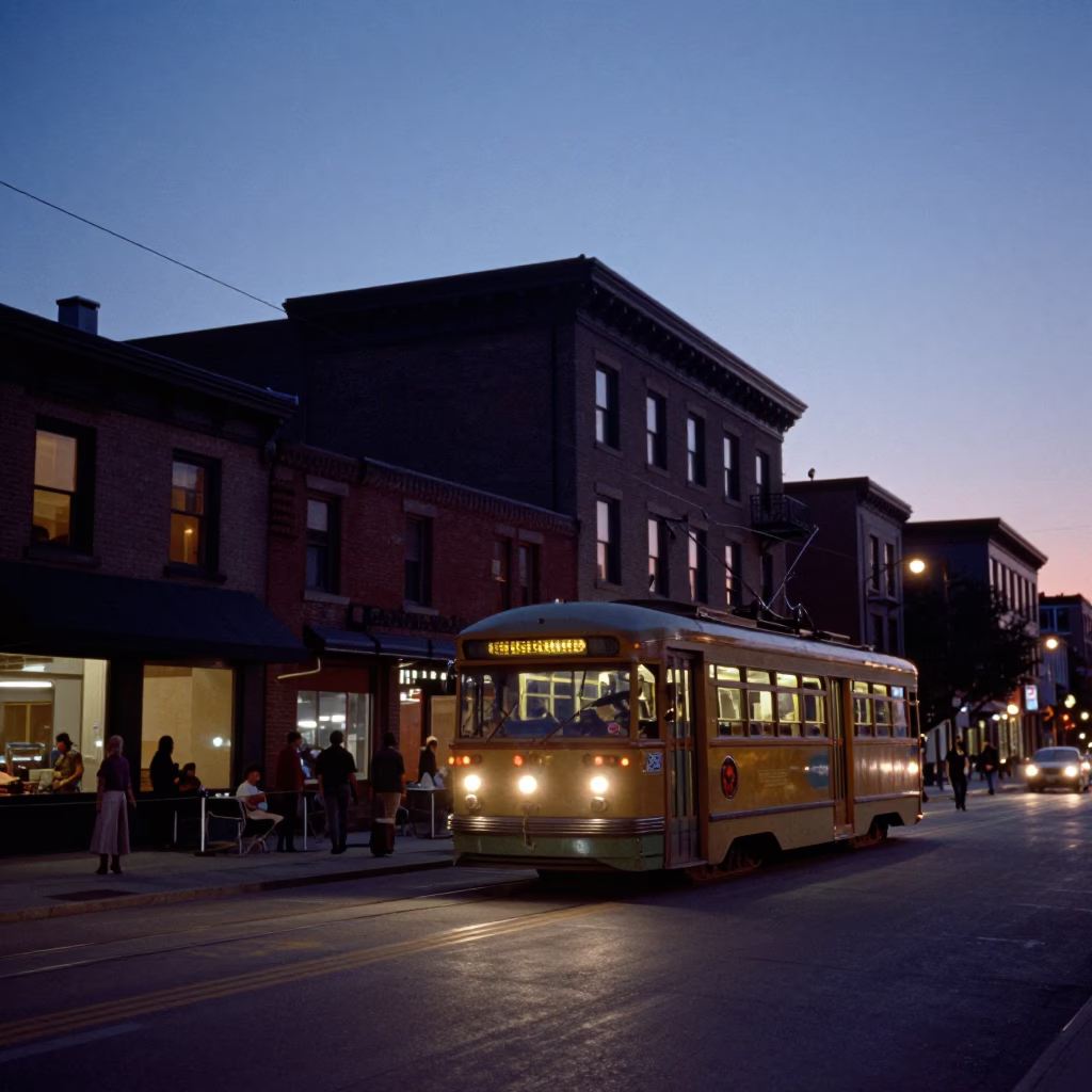 Vintage Toronto Street Scene at Nautical Dawn with Tramcar and City Architecture in in Toronto, Ontario, Canada