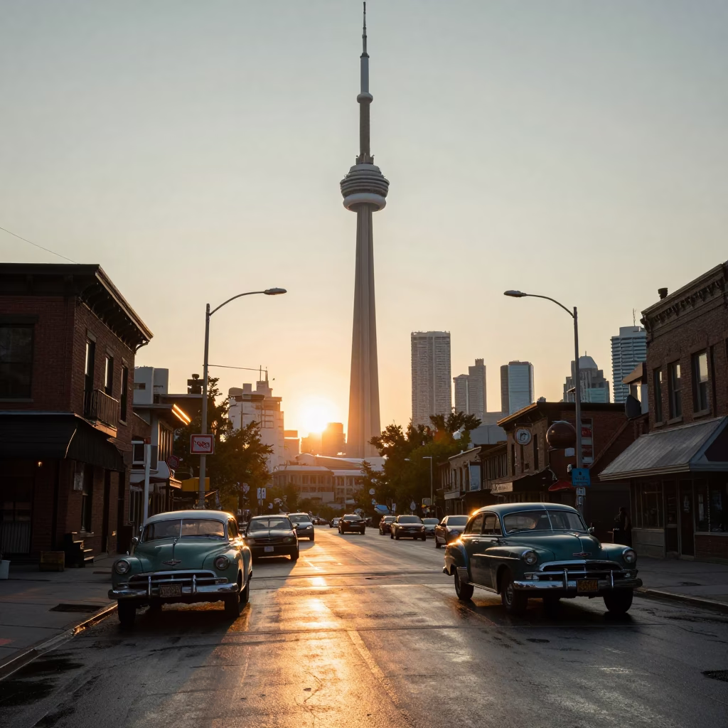 Vintage Toronto Street Scene at Sunset with Classic Cars and City Lights in in Toronto, Ontario, Canada