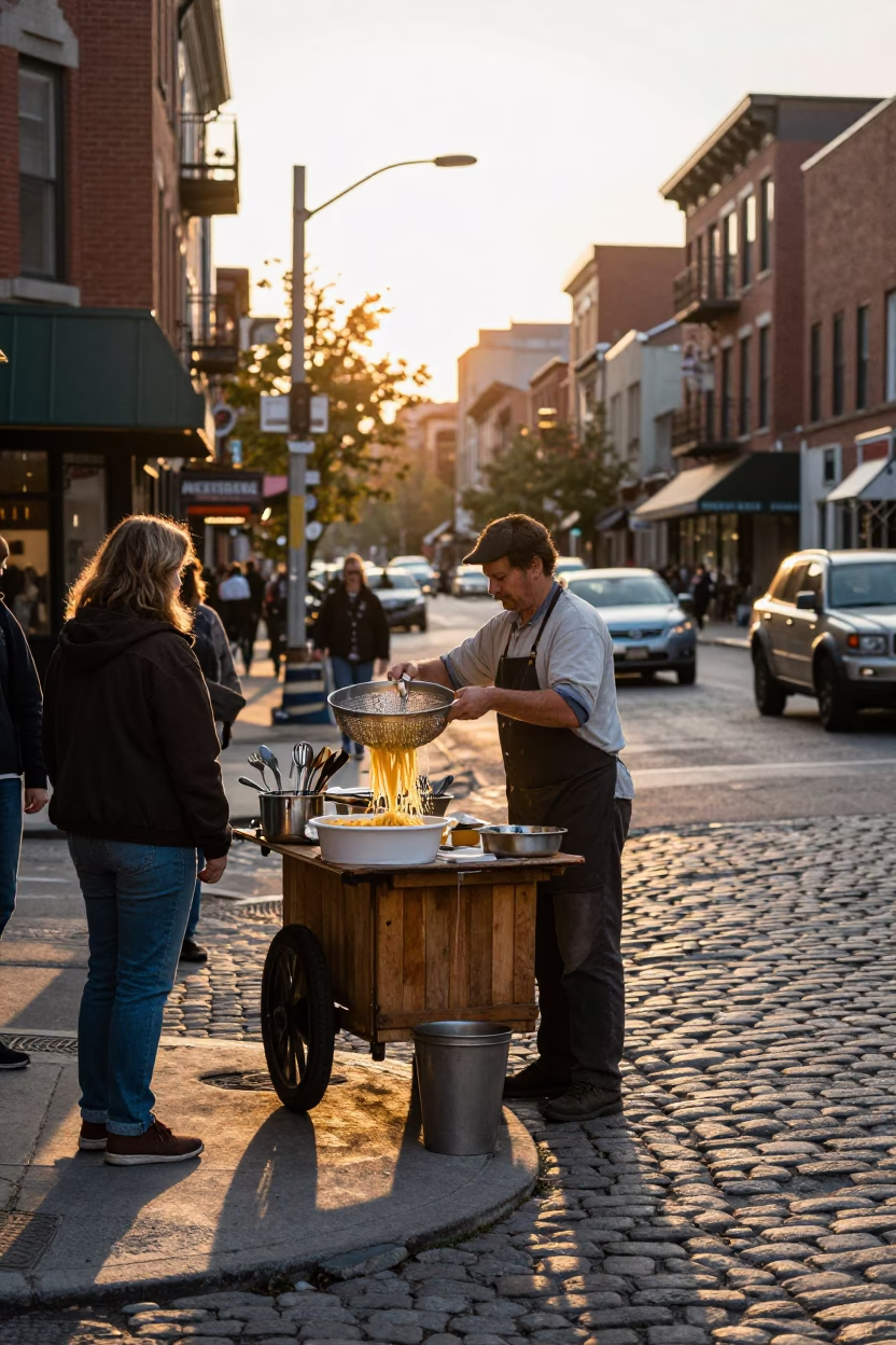 Vintage Toronto Street Scene at Sunset with Kitchen Utensils and Colander in in Toronto, Ontario, Canada