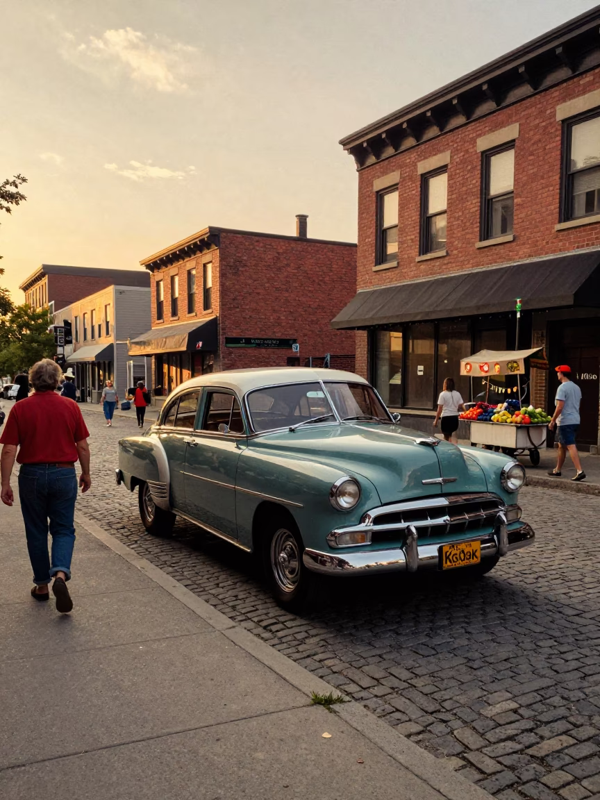 Vintage Toronto Street Scene at Sunset with Retro Car and Historic Architecture in in Toronto, Ontario, Canada