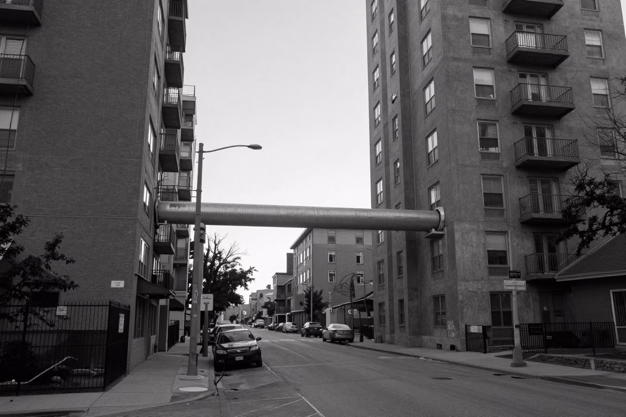 Vintage Toronto Street Scene Before Dawn with District Heating Pipes and Concrete Architecture in in Toronto, Ontario, Canada