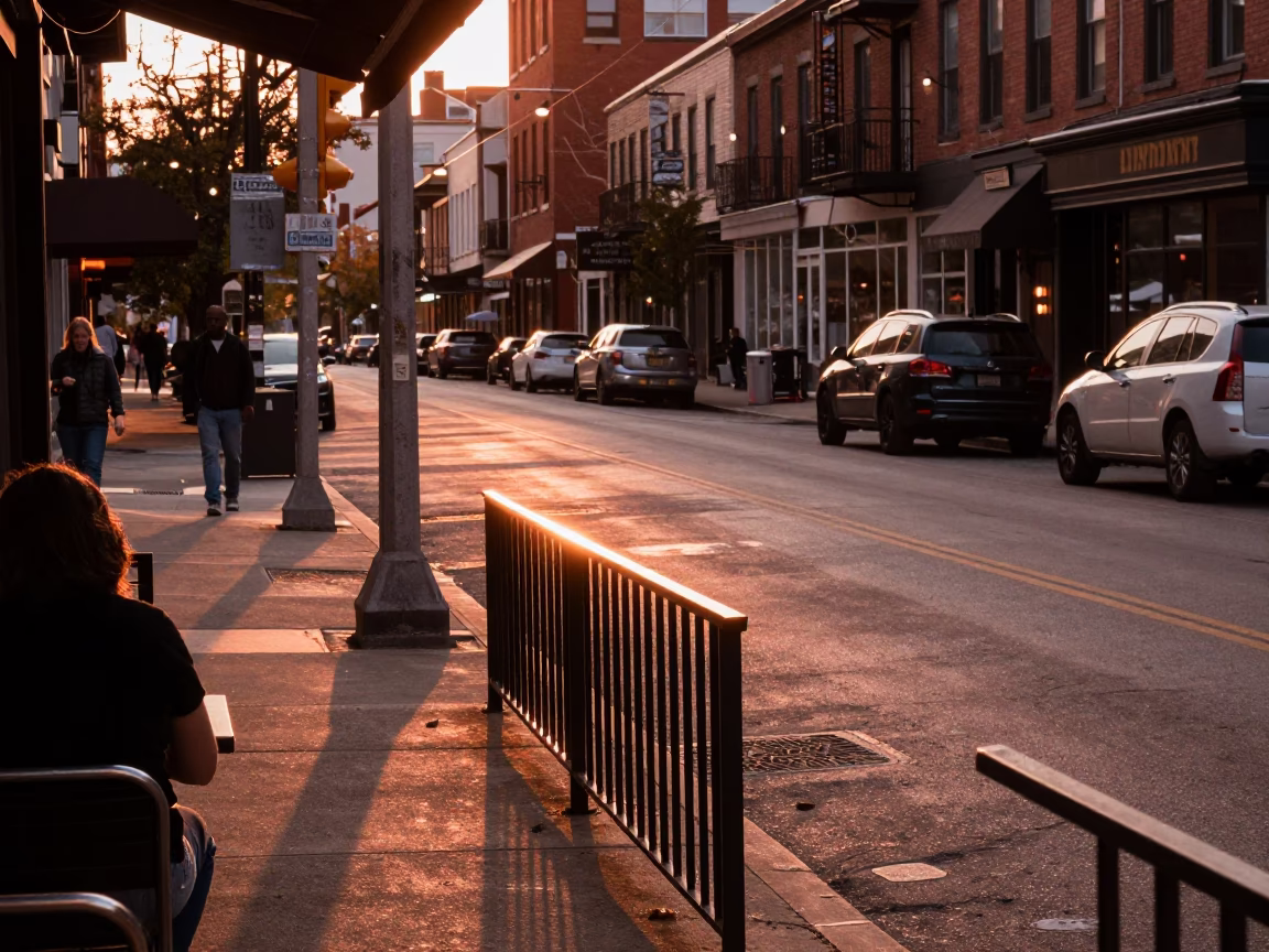 Vintage Toronto Street Scene in Copper Dusk Light with Sun Stripe and Stool Smudges in in Toronto, Ontario, Canada