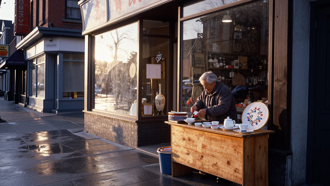 Vintage Toronto Street Scene with Embroidery Hoop and Tea Canister at Sunrise in in Toronto, Ontario, Canada