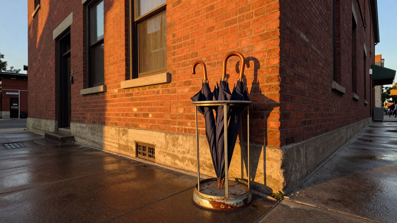 Vintage Toronto Street Scene with Umbrella Stand and Evening Light in in Toronto, Ontario, Canada